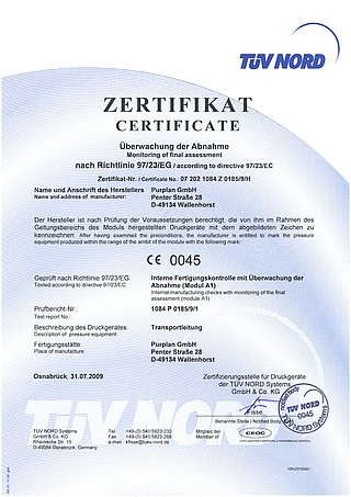 Zertifikat für Druckgeräte-Herseller