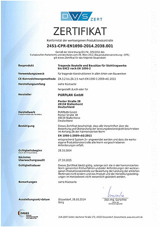 Zertifikat für Bauteile und Bausätze für Stahltragwerke