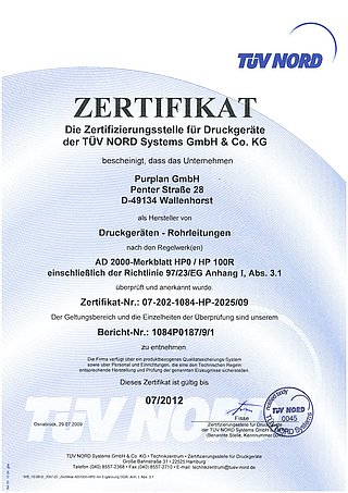 Zertifikat für Druckgeräte AD 2000
